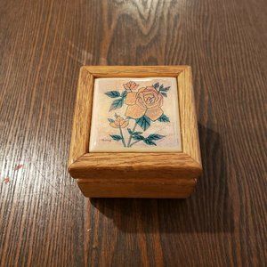 Wooden Wood Pink Rose Ceramic Tile 2.5" x 2.5" x 2" Felt Lined Trinket Box